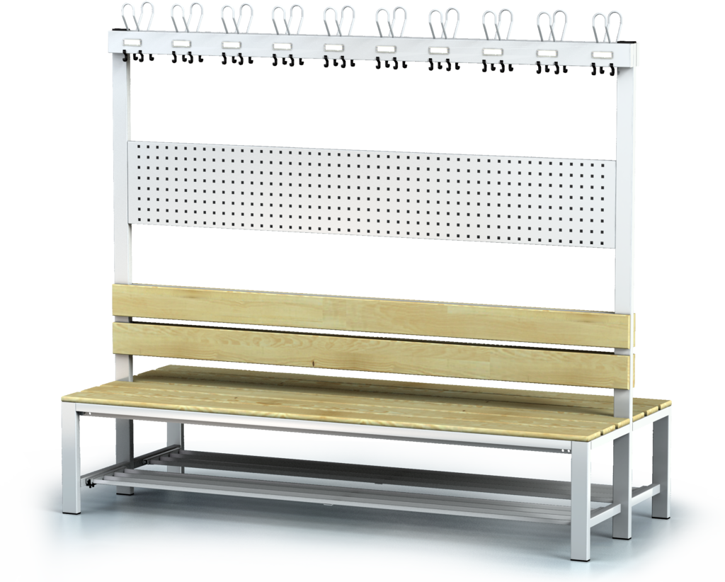 Oboustranná lavice s opěradlem a věšáky, smrkové latě - se sklopným roštem 1800 x 2000 x 830